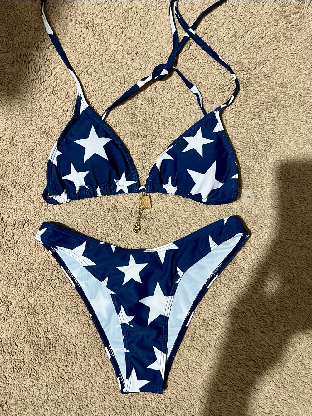 Blue Star Print Triangle Bikini with Center Charm